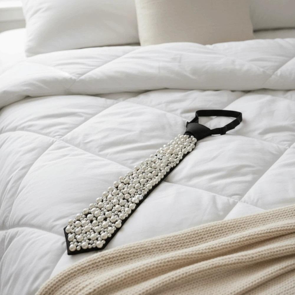 Korean Style Hand-beaded Long Necktie Choker Decoration Shirt Tie Full Pearls Tie  Performance