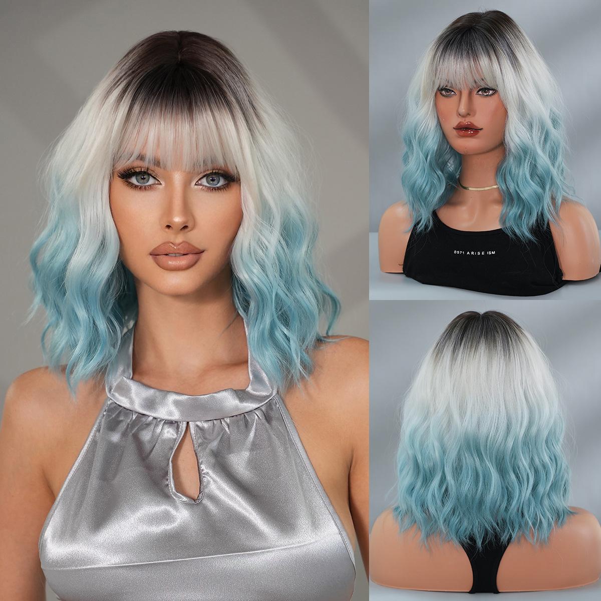 

2025 Fashion Gradient Blue Short Curly Wig for Women - Water Wave Bob Wig with Full Bangs Synthetic Full Cap, 3 Colors Available 37cm 14 inch синий