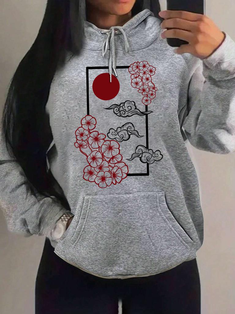 Harajuku Japanese Sunset Cherry Blossom Print Hoodie Women's Autumn Pocket Loose Clothing Casual Pullover Y2K Hoodie Women Top