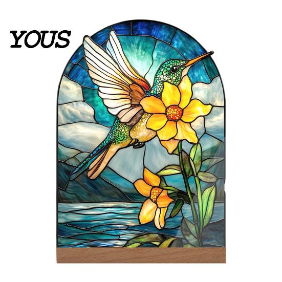 Stylish Interior Ornament Stained Glass Style Acrylic Table Centerpieces, Floral & Landscape Pattern Durable Desk Tabletop Sign with Wood Base