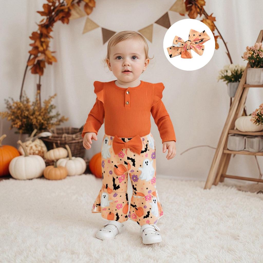 Baby Girl Halloween Flutter Sleeve Romper with Ghost/Pumpkin Pants & Headband - 3 Piece Set