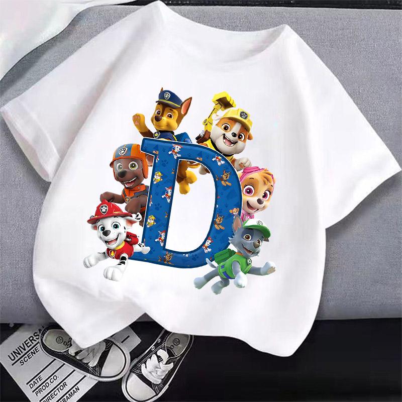 Cute PAW Patrol T-shirt Letter A-Z Boys Girls Clothes Short Sleeve Summer Cartoon Kids Birthday Toddler Cotton Outdoor Wear Gift