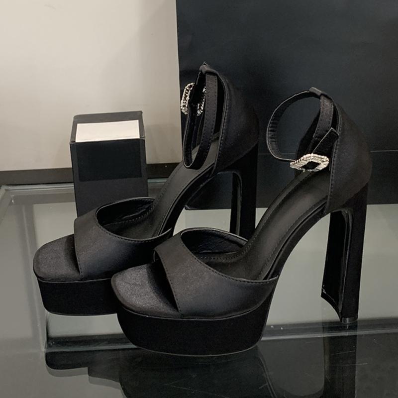 Fashion Liyke Runway Style Black High Heels Platform Sandals For Women Cozy Silk Square Toe Buckle Strap Lady Party Dress Shoes Size 40