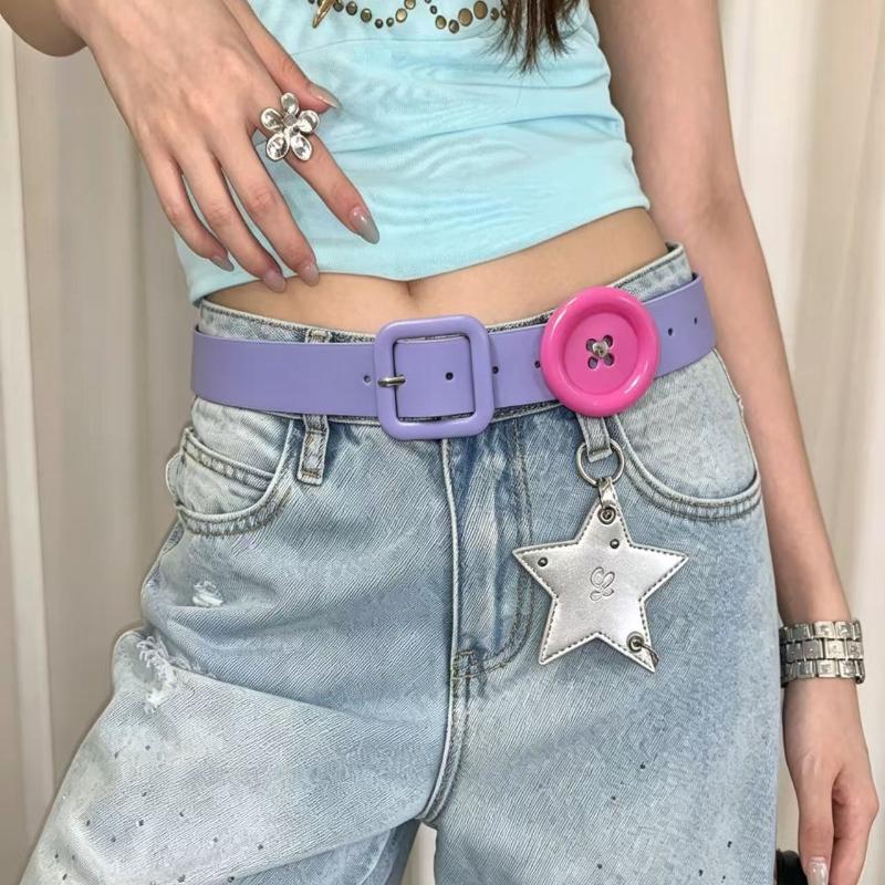 Women Adjustable PU Leather Belt 1Pcs Summer Trendy Y2K Korean Colorful Button Waist Belt for Girls Dating Outfits