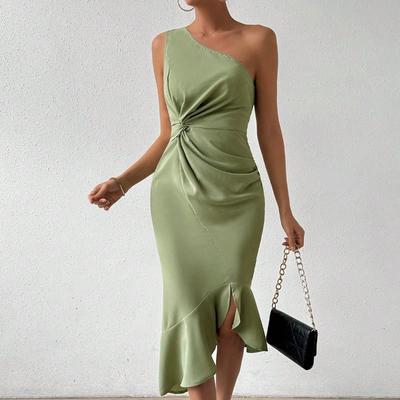 Vestido de Moda para Mujer Delgado y Sexy de un Solo Hombro Color Sólido con Volantes y Cintura Retorcida Ceñido al Cuerpo