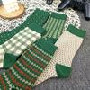 5 Pairs Socks Women's Medium Tube Socks Autumn and Winter Double Needles Ins Trendy Versatile Pure Cotton Retro Cute Green Stockings Stacking Socks