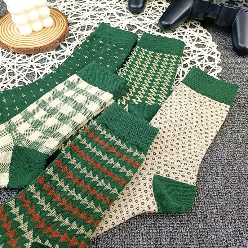 5 Pairs Socks Women's Medium Tube Socks Autumn and Winter Double Needles Ins Trendy Versatile Pure Cotton Retro Cute Green Stockings Stacking Socks