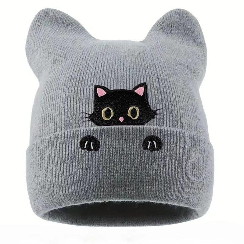 Popular Women's Probe Kitten Embroidered Beanie Birthday Gift Animal Cartoon Warm Knitted Hat