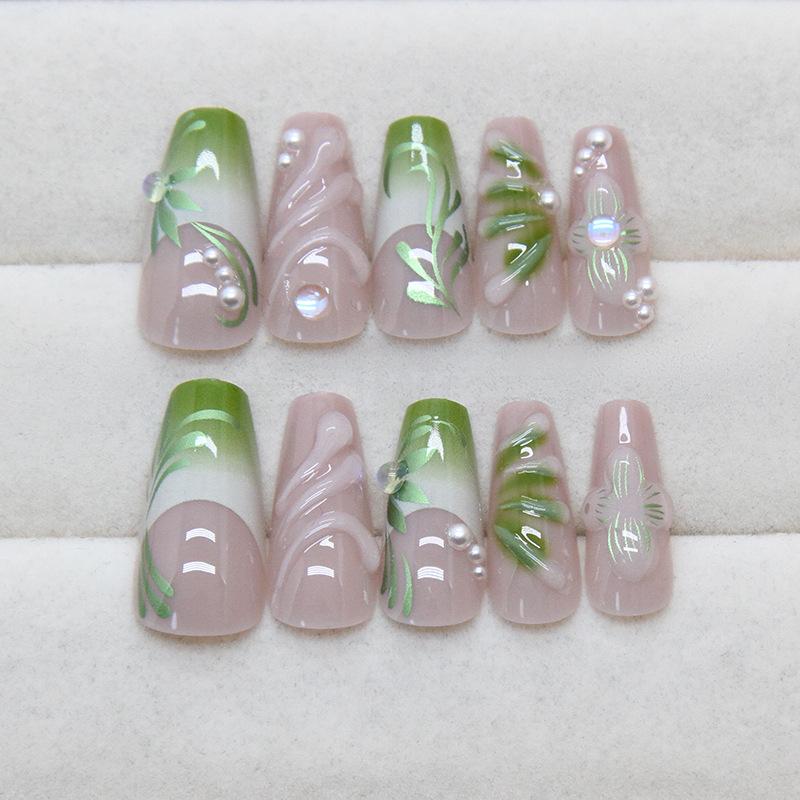 Green Cool Three-dimensional Vine Gradual Change French Pearl Gentle Temperament Fashion Ins Wind Removable Nail Art Piece 24