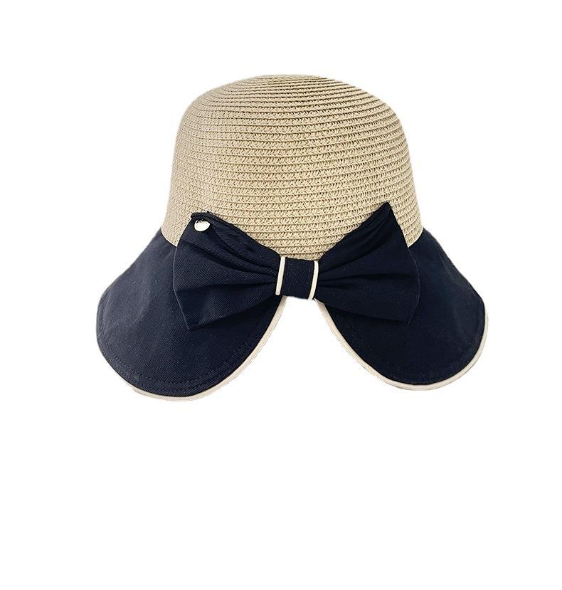 Bow big brim sun hat children versatile travel splicing straw hat summer sunscreen bucket hat folding tide