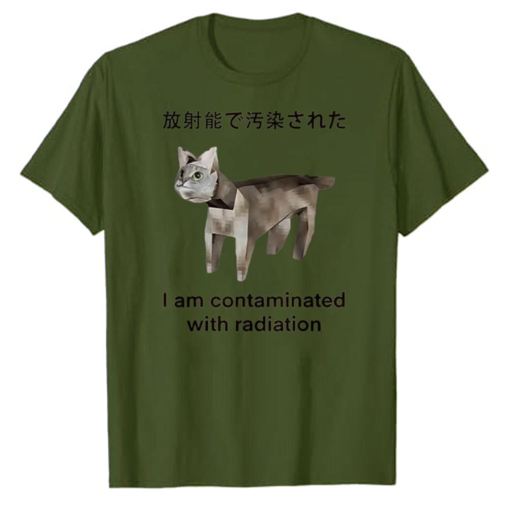 Weird Low Poly Contaminated Cat Japanese Text Print Tshirt Unisex Cotton Retro Meme Tee Streetwear Loose Hip Hop Daily Wear Tops