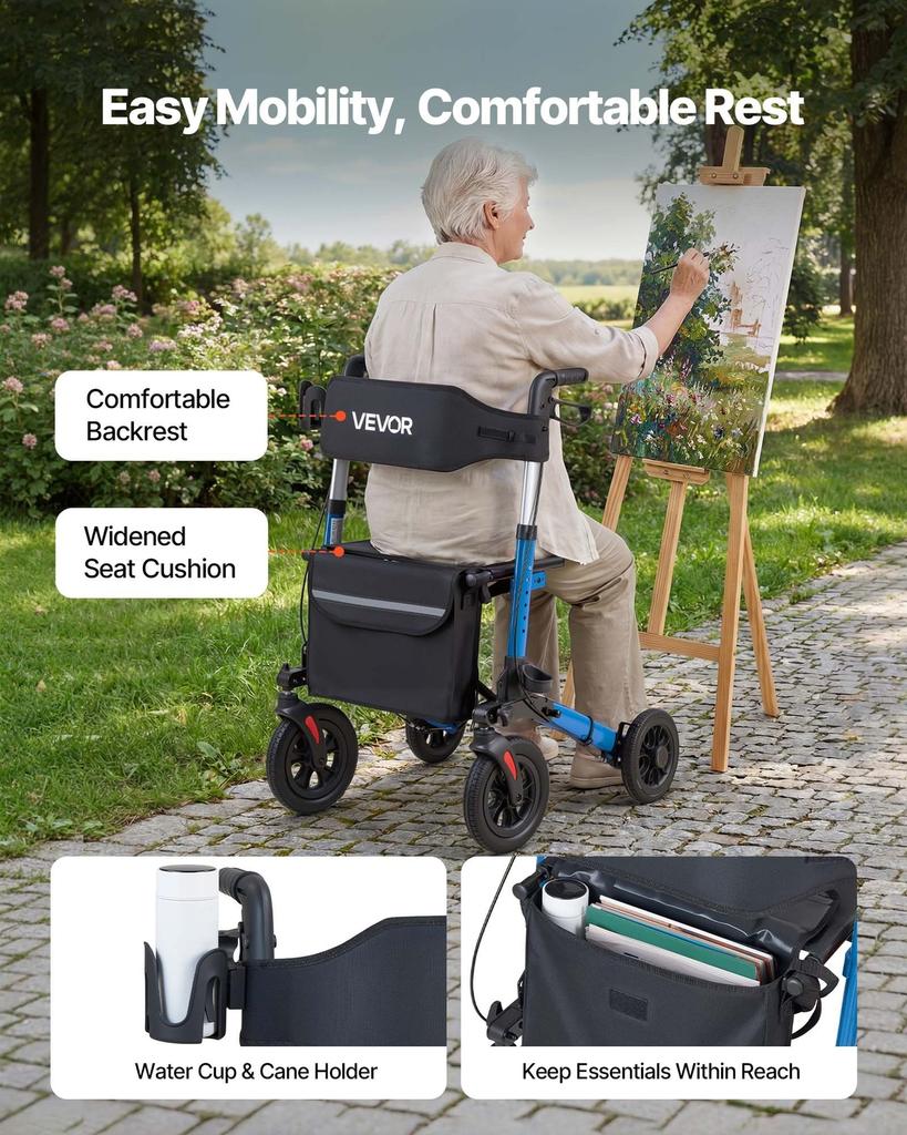 Rollator Walker with Seat for Seniors, Ultra Compact 3-Fold Rolling Walker, Lightweight Aluminum Mobility Walking Aid with PU Solid Wheels, Adjustable