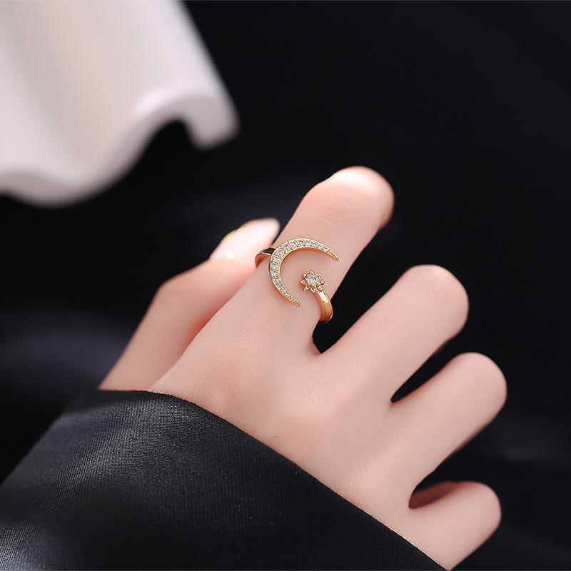Crescent Moon & Star Open Ring: Elegant European and American Fashion for Women