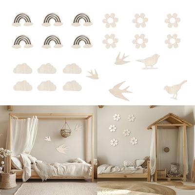 New DIY Wall Stickers Flowers Clouds Wooden Stickers Wall Ornaments Self-adhesive 3D Wall Stickers Room Decoration