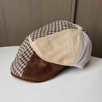 Spring And Autumn Plaid Corduroy Splicing Cap Literary Retro Forward Hat Women Show Face Little Beret