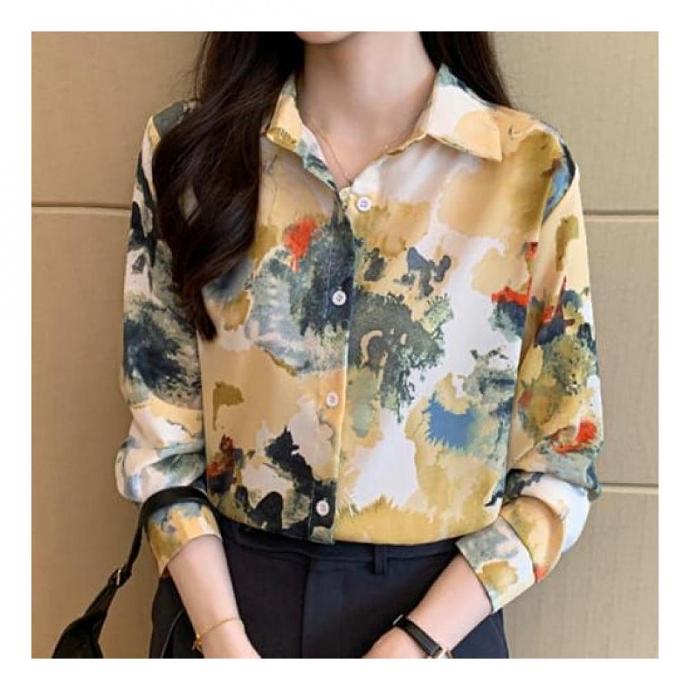 Navava Women Vintage Printing Chiffon Long Sleeve Shirt Nb1828