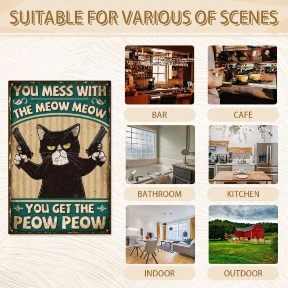 Metal Poster Cat Vintage Kitchen Decor Wall Art Meow Purr Sign for Bar Garage