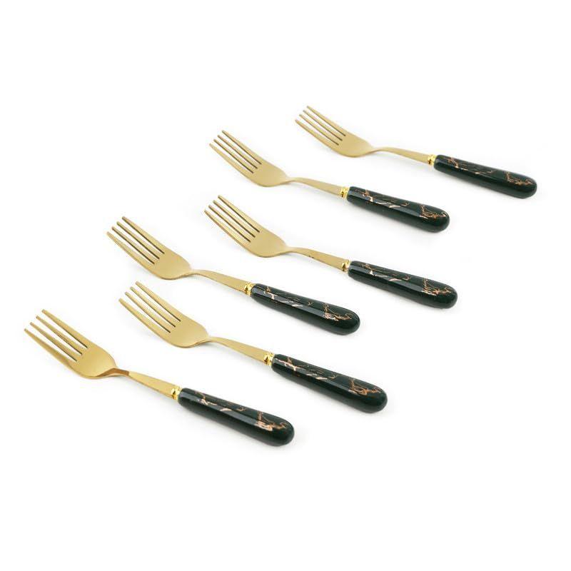 Stainless Steel Golden Small Fork Set for Home Kitchen Cutlery Dinner Table with Green Ceramic Handle Design Salads and Fruit Fork