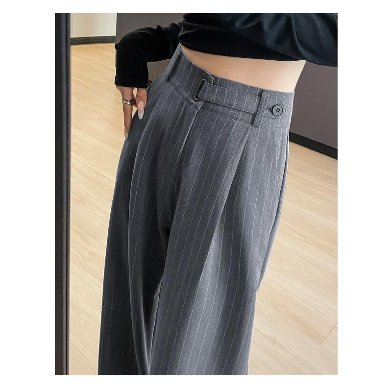 Herbst Vintage Gestreifte Lockere Damen Weite Hosen Knöpfe Frühling Hohe Taille Gerade Büro Voll Langes Hosen