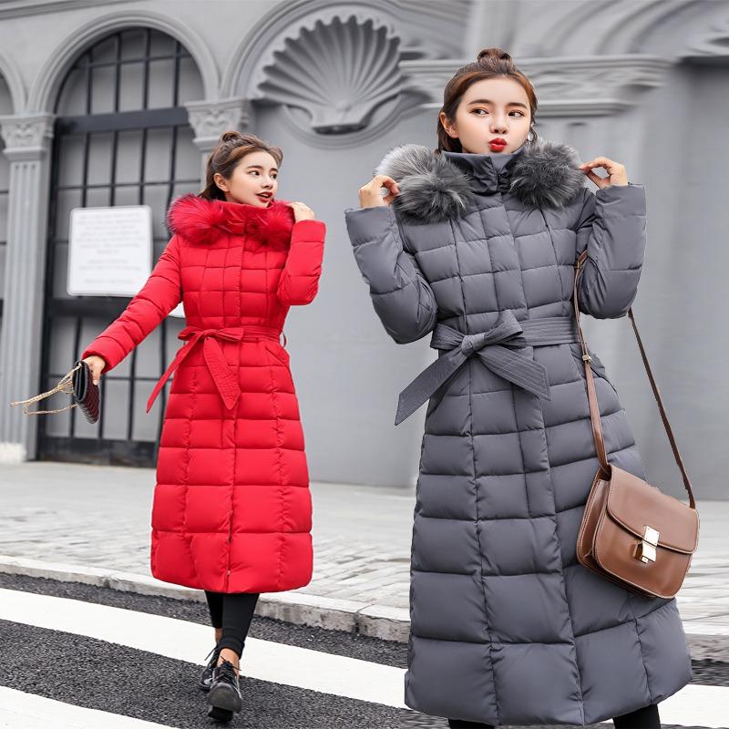 Winter new lace-up long cotton-padded clothes for women over the knee thickened warm hooded solid color large fur collar down cotton clothes