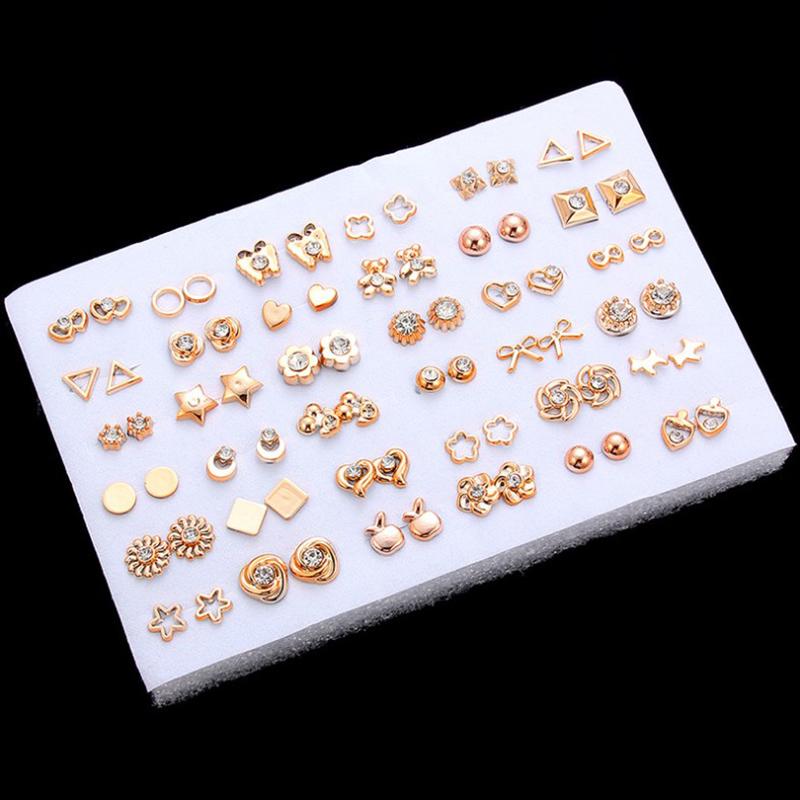 36Pairs Mixed Earrings Crystal Rhinestone Bear Butterfly Bowknot Flower Heart Stud Earrings