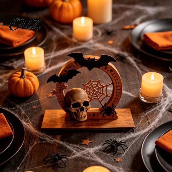Entrance Counter Decorations Halloween Wooden Skull Ornament with Bat and Spider Web Elements, Stable Rustic Holiday Table Decor Base Tabletop