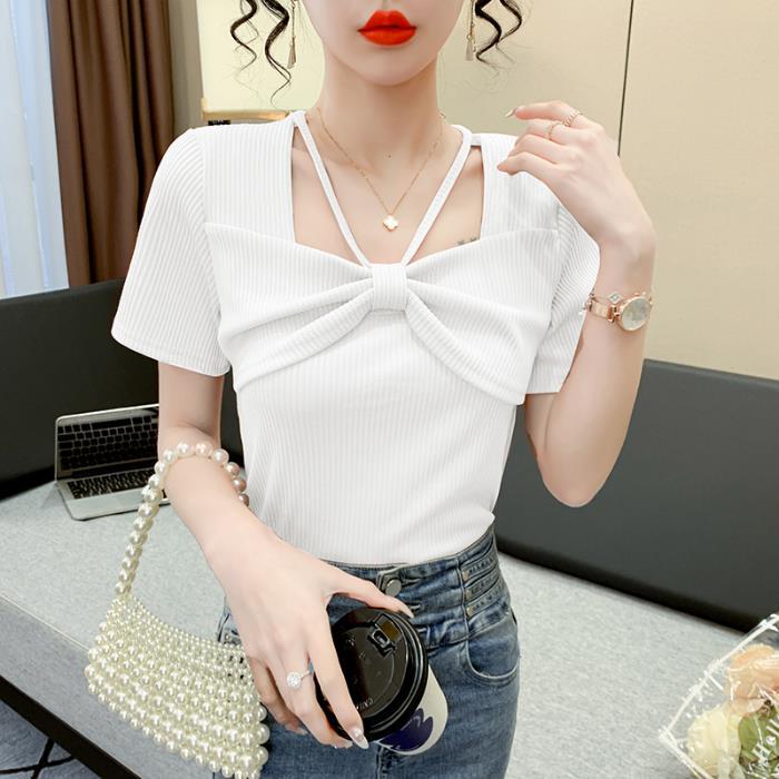 Short-sleeved T-shirt for Women's Latest Bow Design Versatile Slim Style Top for Women's