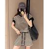 Women's Korean Style Casual Two-Piece Set: Striped Short-Sleeve Sweatshirt, Fashionable and Sporty, Slimming and Trendy.