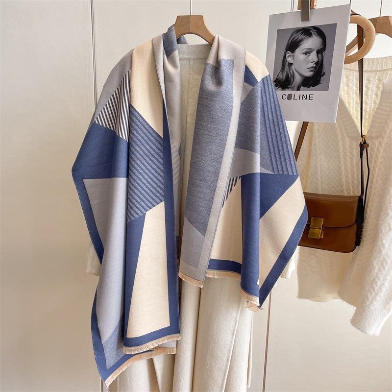 New Geometric Color Matching Imitation Cashmere Women's Fringed Shawl Autumn and Winter Thickened Double-sided Jacquard Wool Scarf