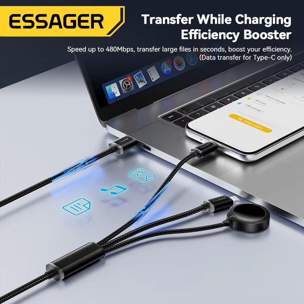 Essager 3 In 1 Multi USB A Charging Cable for Apple iWatch iPhone 16/15/14/13 Pro With USB Type C Lightning Fast Charging Cable