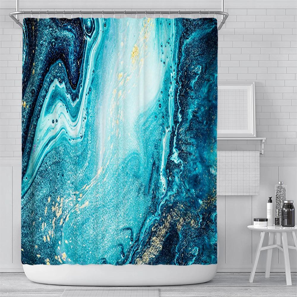 Abstract Navy Blue Gold Marble Shower Curtain Modern Luxury Golden Cracked Lines Fabric Bathroom Curtain Fashion Decor With Hook
