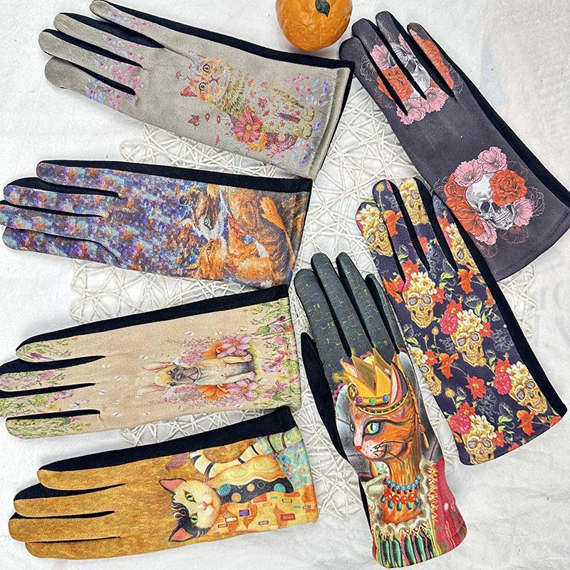 Fashion 3D Oil Painting Gloves Women'S Suede Fleece Thickened Touch Screen Thermal Gloves