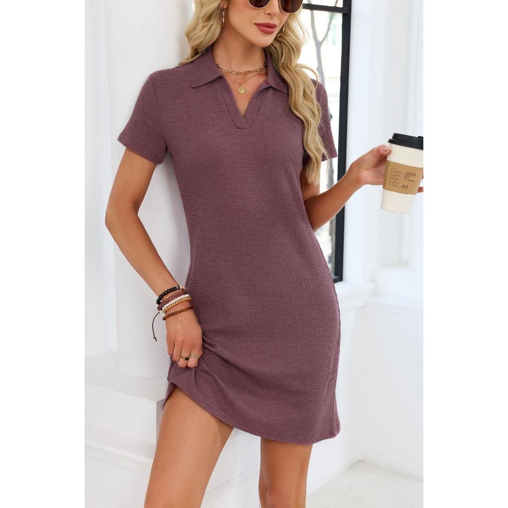 Spring Summer New Women's Solid Color Lapel Loose Short Sleeve T-shirt Dress For Amazon Europe America Cross-border Trade