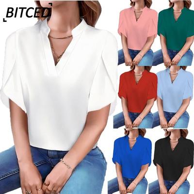 Damesmode Casual Effen Kleur Print Korte Mouw V-hals Blouses & Overhemden