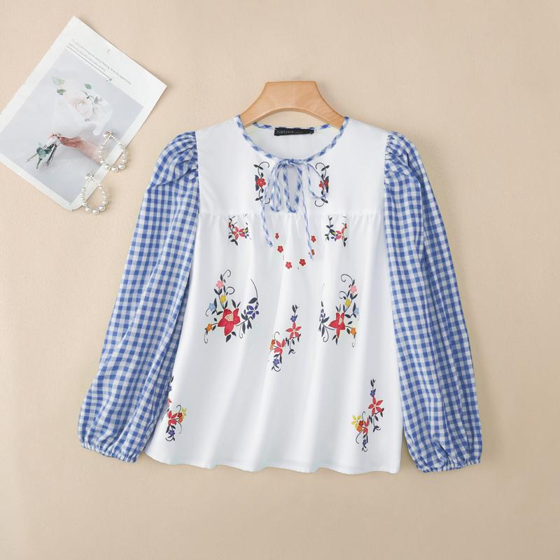 

ZANZEA Женская блузка с клетчатым принтом, длинным рукавом, свободного кроя, повседневная 2XL синий