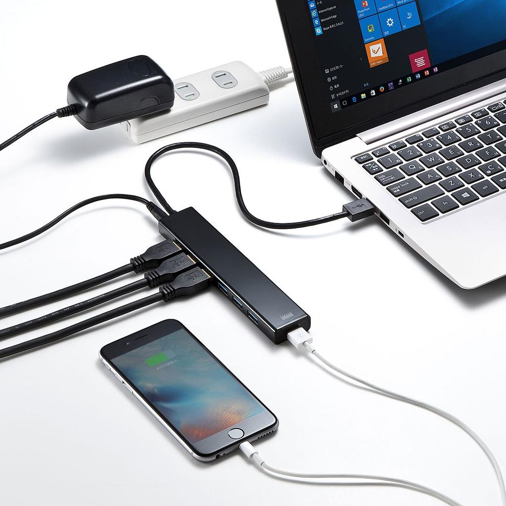 Sanwa Supply USB Hub 7 Ports with Quick Charging Port All Ports Total Max 4A USB3.0 Self-Powered USB-3H703BK