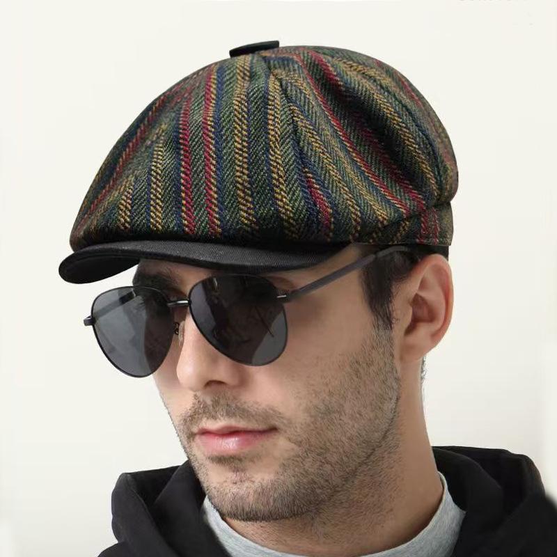 British Retro Style Men's Casual Octagonal Hats Autumn Unisex Classic Stripe Painter Cap Japanese Women's Short-brim Newsboy Hat