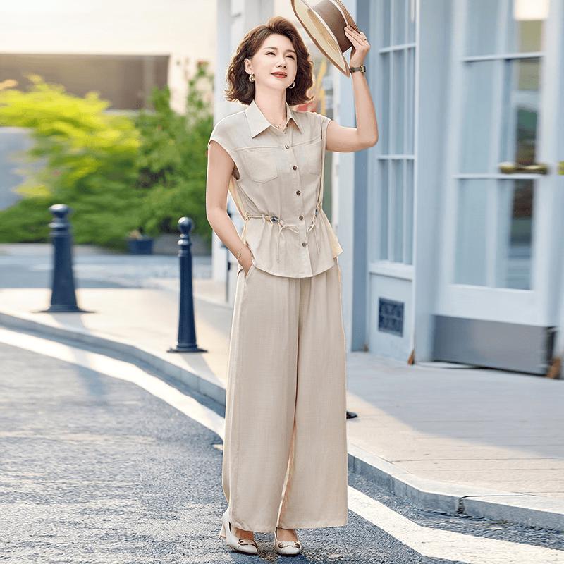 Yuzhaolin Women's Elegant Collar Shirt and Wide-Leg Pants Set
