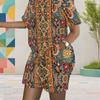 Women Plus Size Blue Green Paisley Printed Round Neck Short Sleeve Top Pocket Shorts Two Piece Set