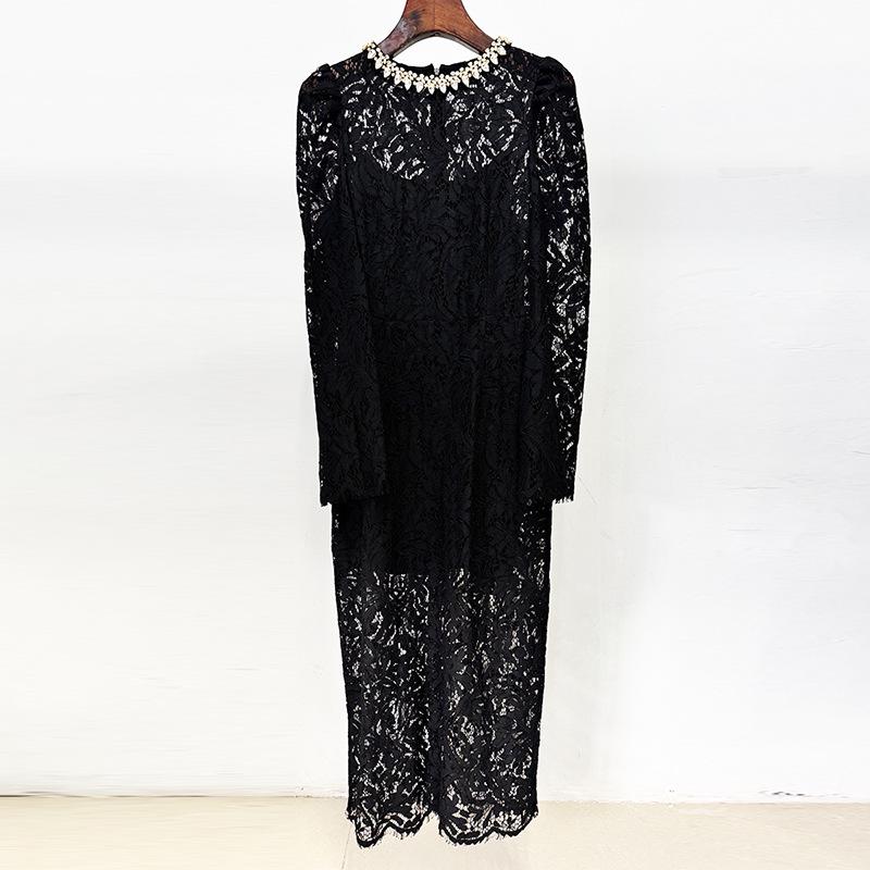 Spring/Summer 2025 European & American Star Fashion Beaded Diamond Long Sleeve Slim Lace Dress