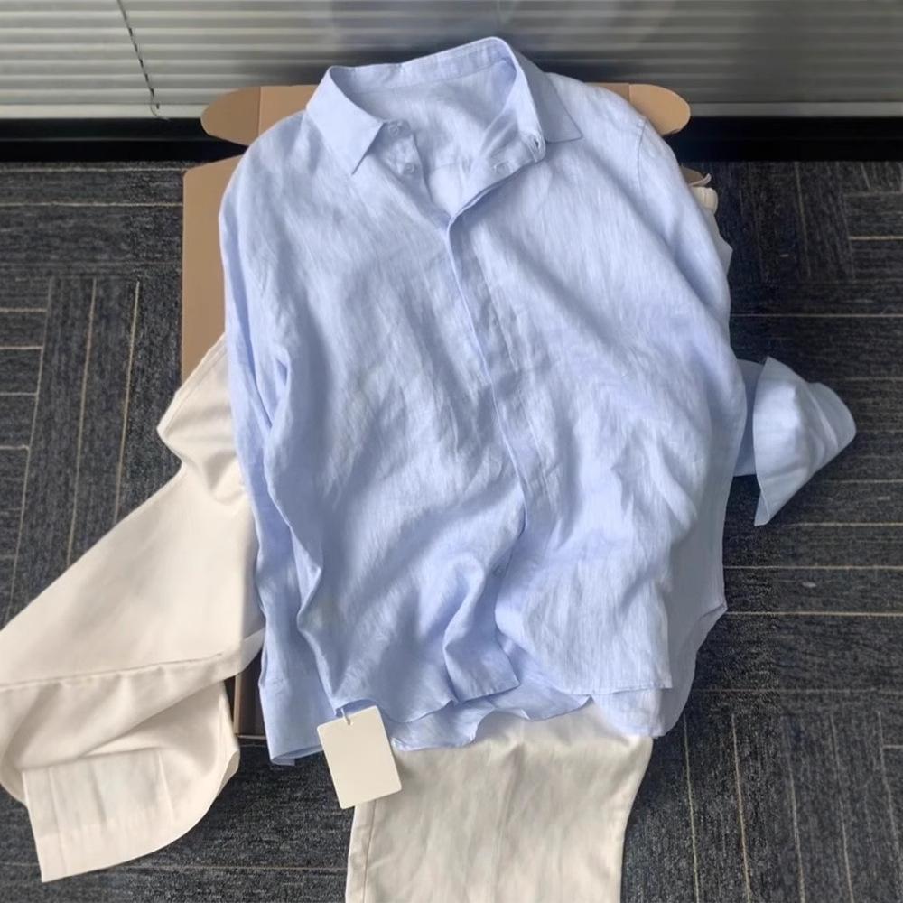 Women French Style Blue Linen Shirt Summer Thin Loose Old Money Long Sleeve Sun Protection Cotton Linen Blouse