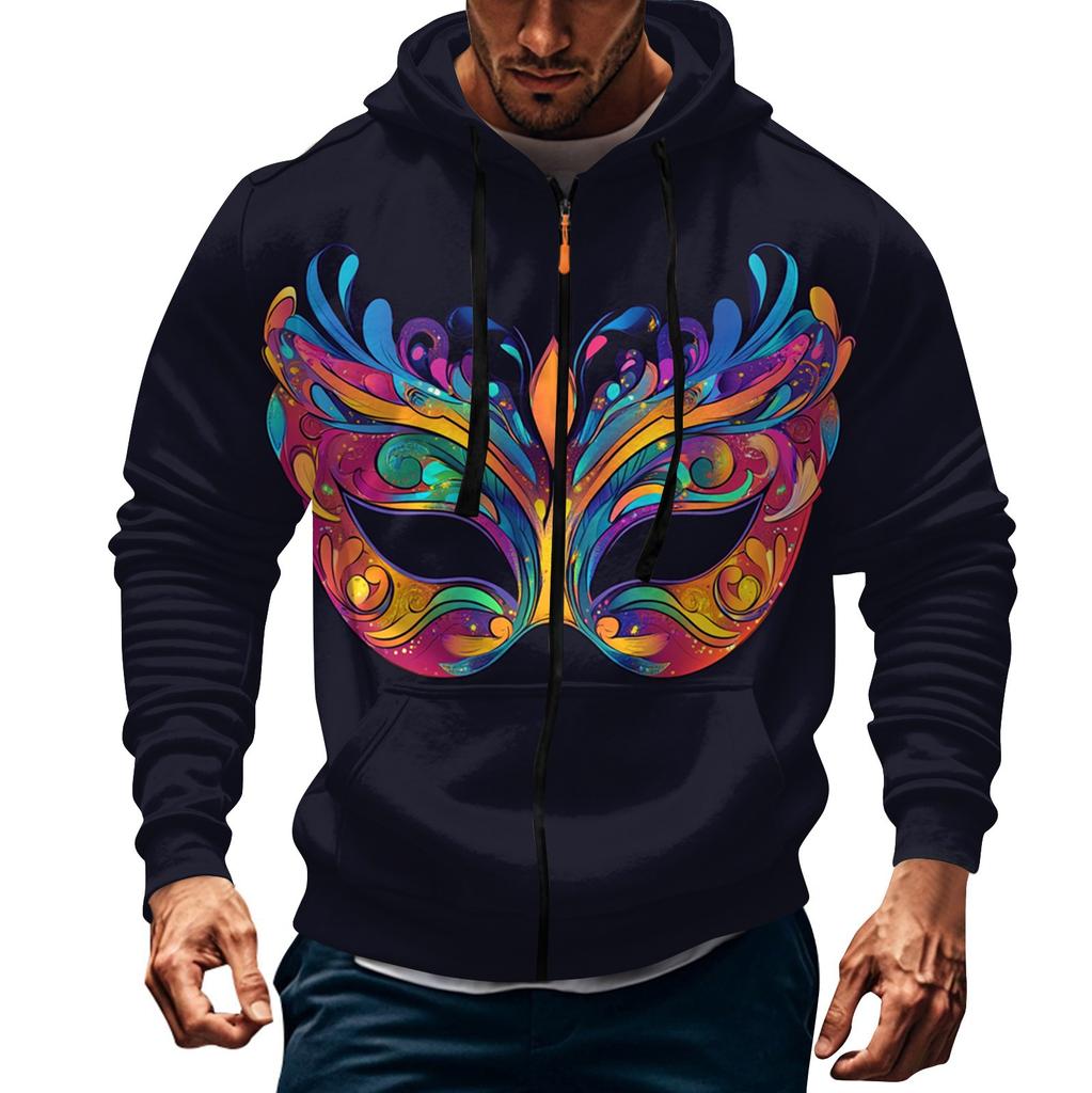 Men's Sports Casual Fleece Hoodie Carnival Print Hoodie Cardigan Zipper Multi-pocket Hoodie Coat