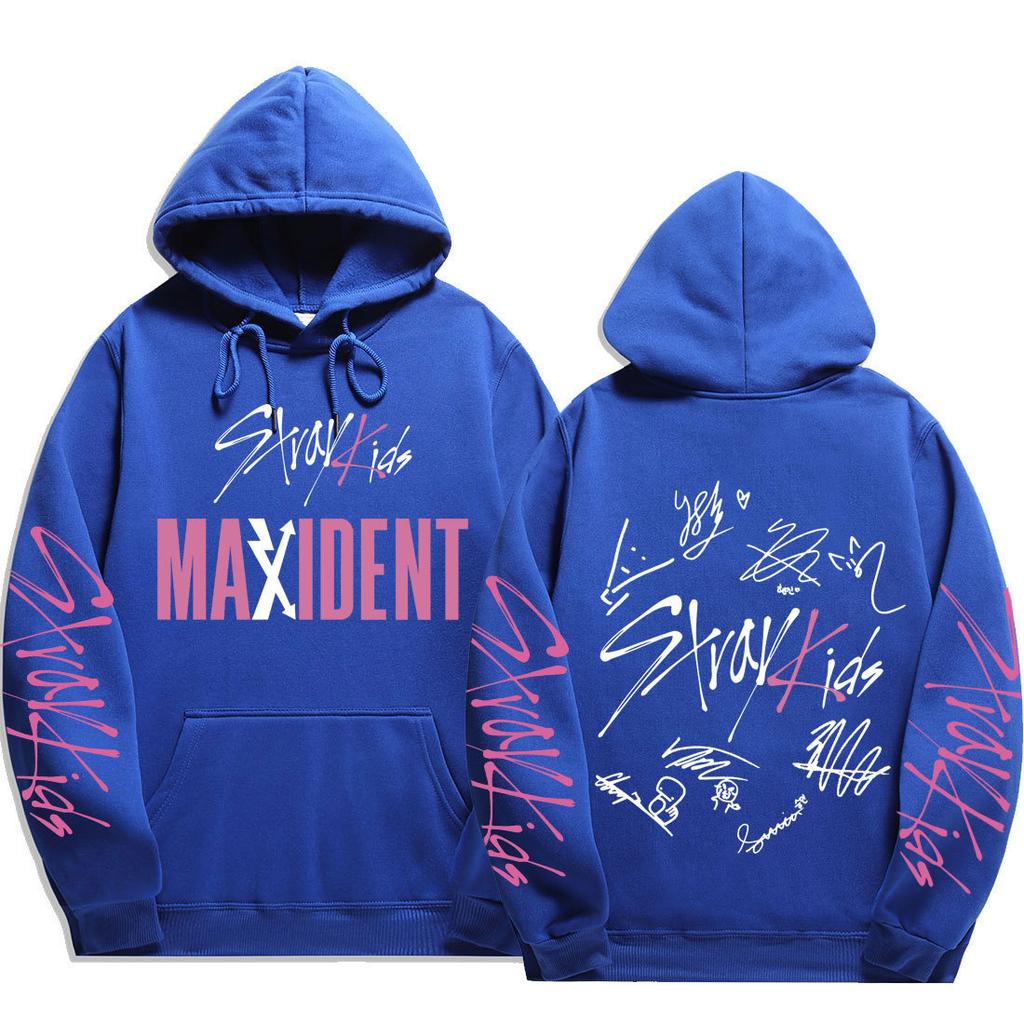 Sweat à capuche signature Stray Kids MAXIDENT Imprimés scriptés Stray Kids et au dos Stray Kids avec les signatures des 8 membres, Pullovers surdimensionnés pour fans de K-Pop