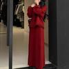 Retro Red Ruffled Knit Skirt Suit for Women - Winter Plus Size Two-Piece, Elegant High-End Style