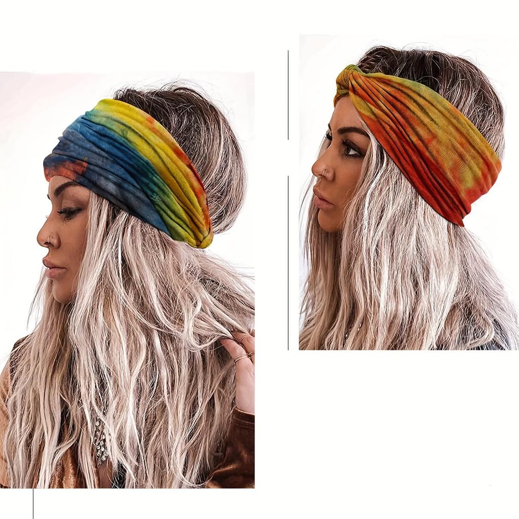 Boho Chic Tie-Dye Wide Headband for Women - Non-Slip, Stretchy Yoga & Workout Sweatband, Fashionable Hair Accessory, Knotted, Sweat-absorbing
