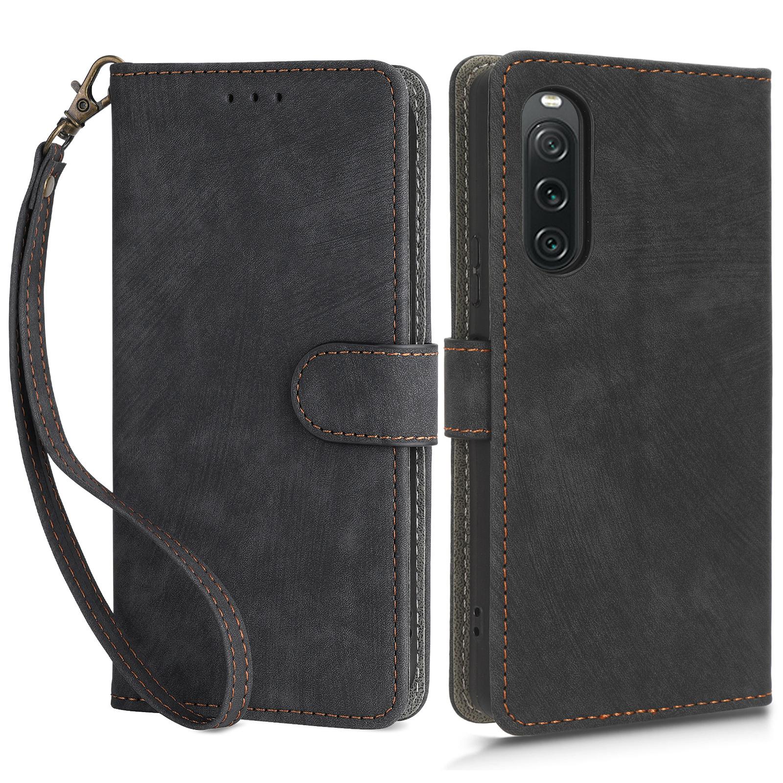 

For Sony Xperia 10 V Leather Wallet Stand Phone Cover RFID Blocking Protective Case with Strap Black