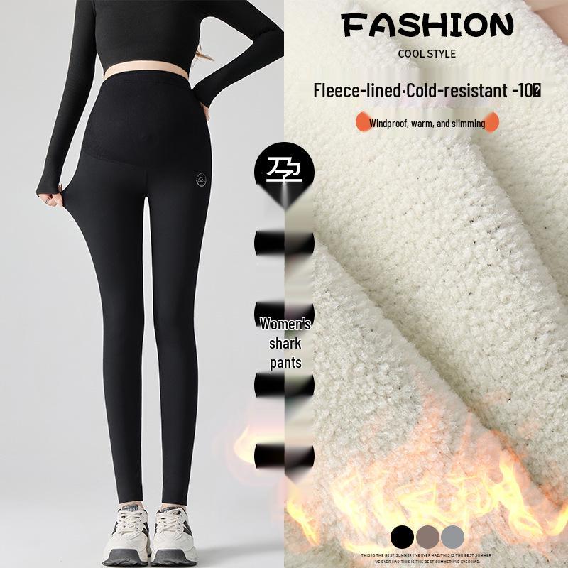 Colanți de maternitate cu căptușeală de lână, model rechin, gri închis - Suport abdominal și ridicare șolduri, pentru toamnă/iarnă, pantaloni de yoga pentru sarcină