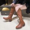 Retro Slimming Brown Long Boots Suitable for Women To Wear In All Seasons.  New V-neck French Thick Heeled Knight Boots