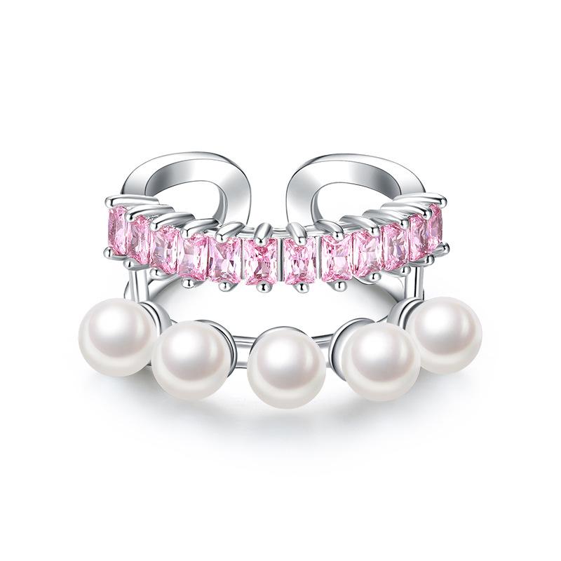 Sweet Cool Wind Princess Pearl Pink Diamond Zircon Niche Design Ring Double Layer Open Flash Diamond Ring Sweet Jewelry Adjustable opening