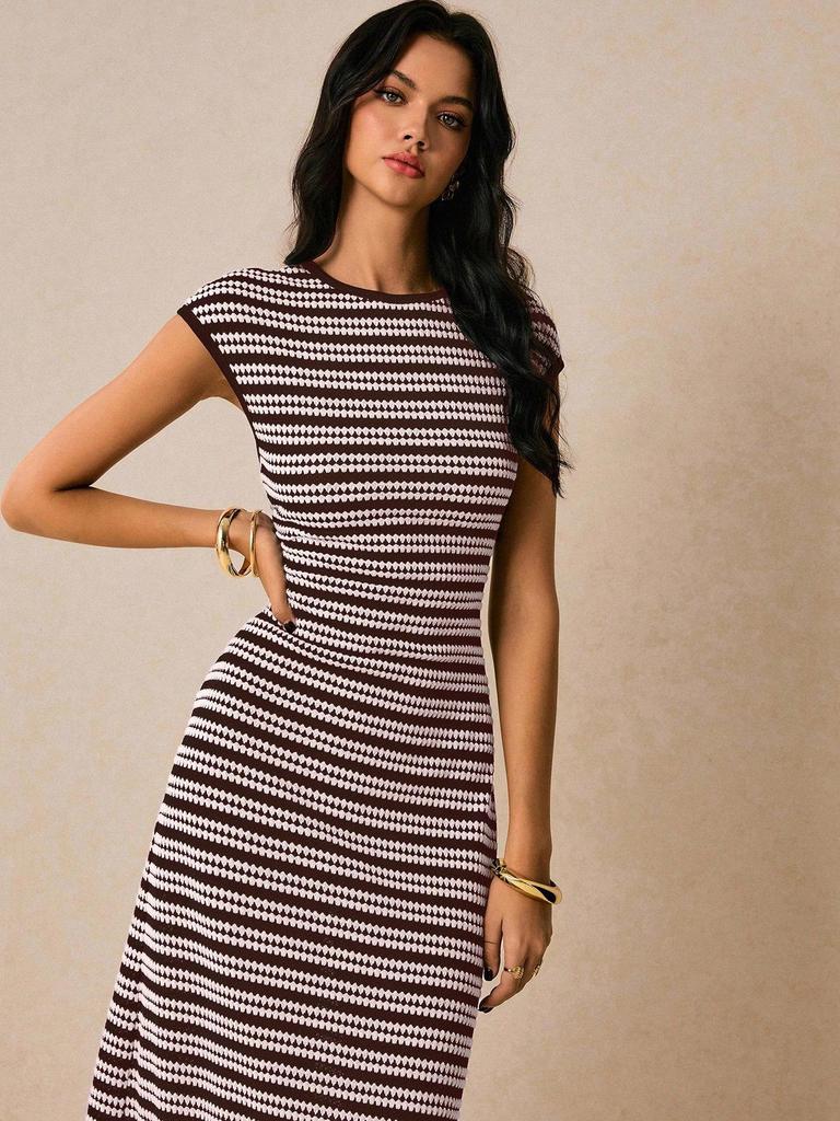 Color Block Stripe Waist-Cinching Round Neck Short Sleeve Women's Maxi Dress